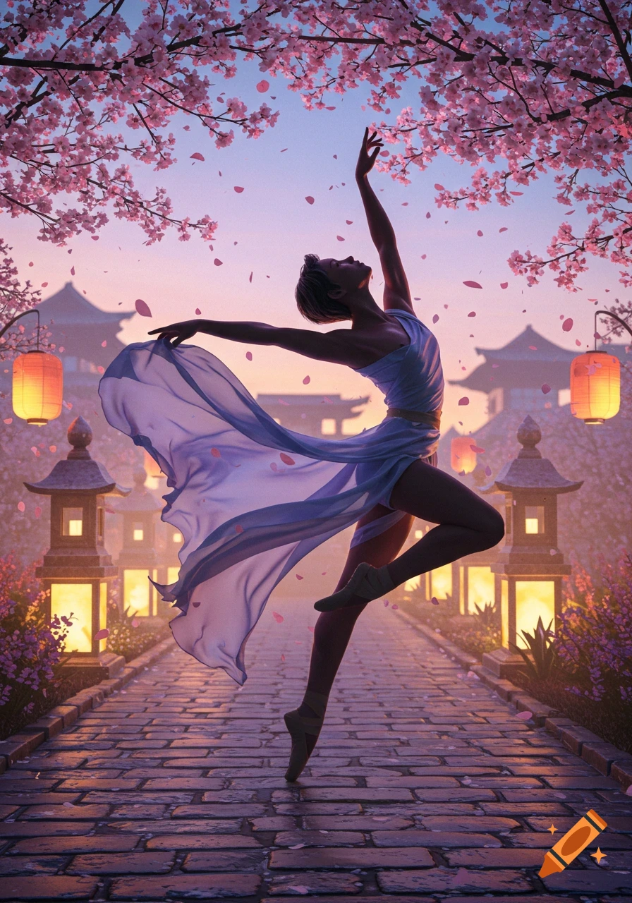 A graceful dancer in a flowing dress, illuminated by lanterns under a cherry blossom sky at dusk in a Japanese garden.