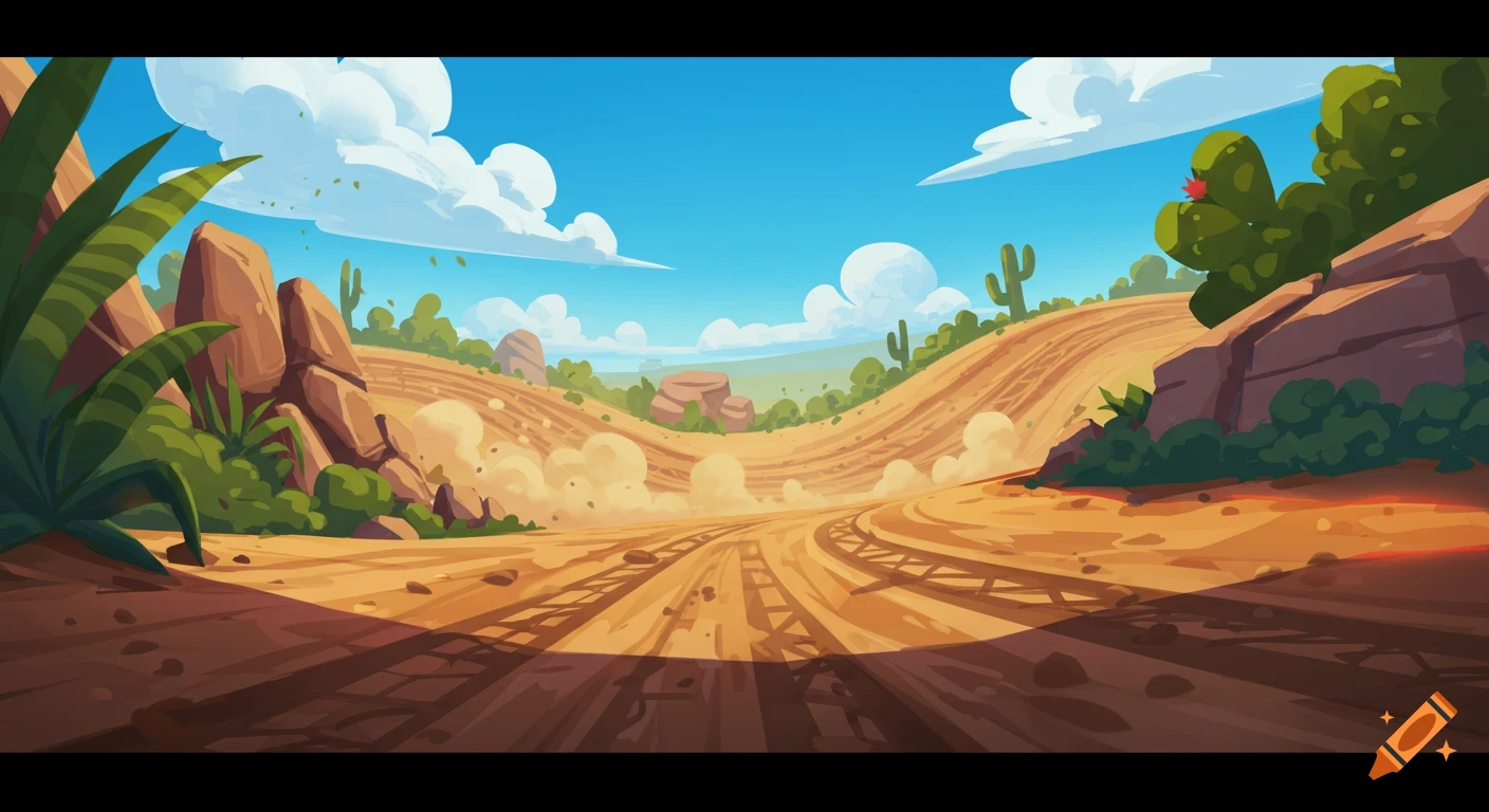 A vibrant toon-shaded desert landscape with a dirt road, tire tracks, cactuses, rocks, and dust clouds under a blue sky.