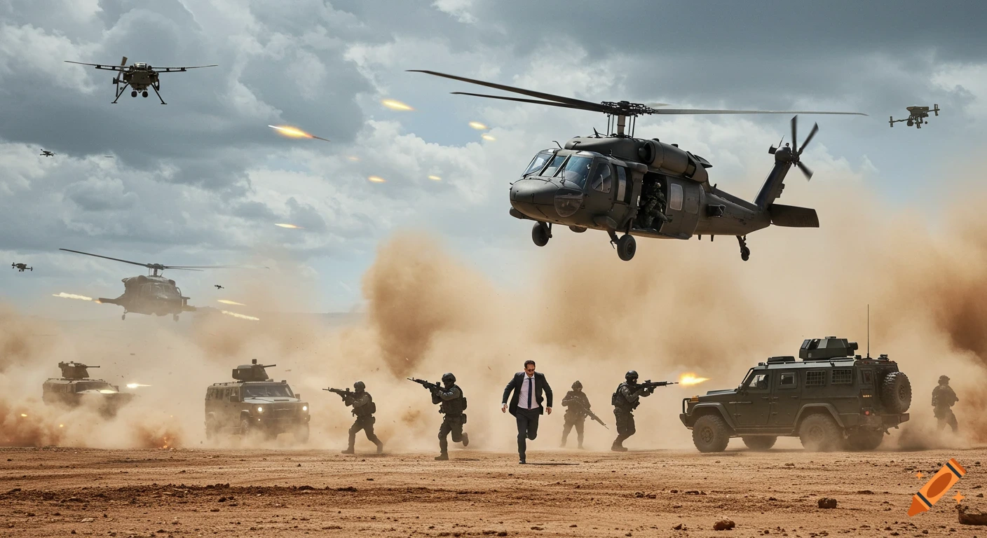 Photorealistic image of a military rescue operation in a dusty desert. A VIP runs with soldiers while helicopters and armored vehicles engage in combat.
