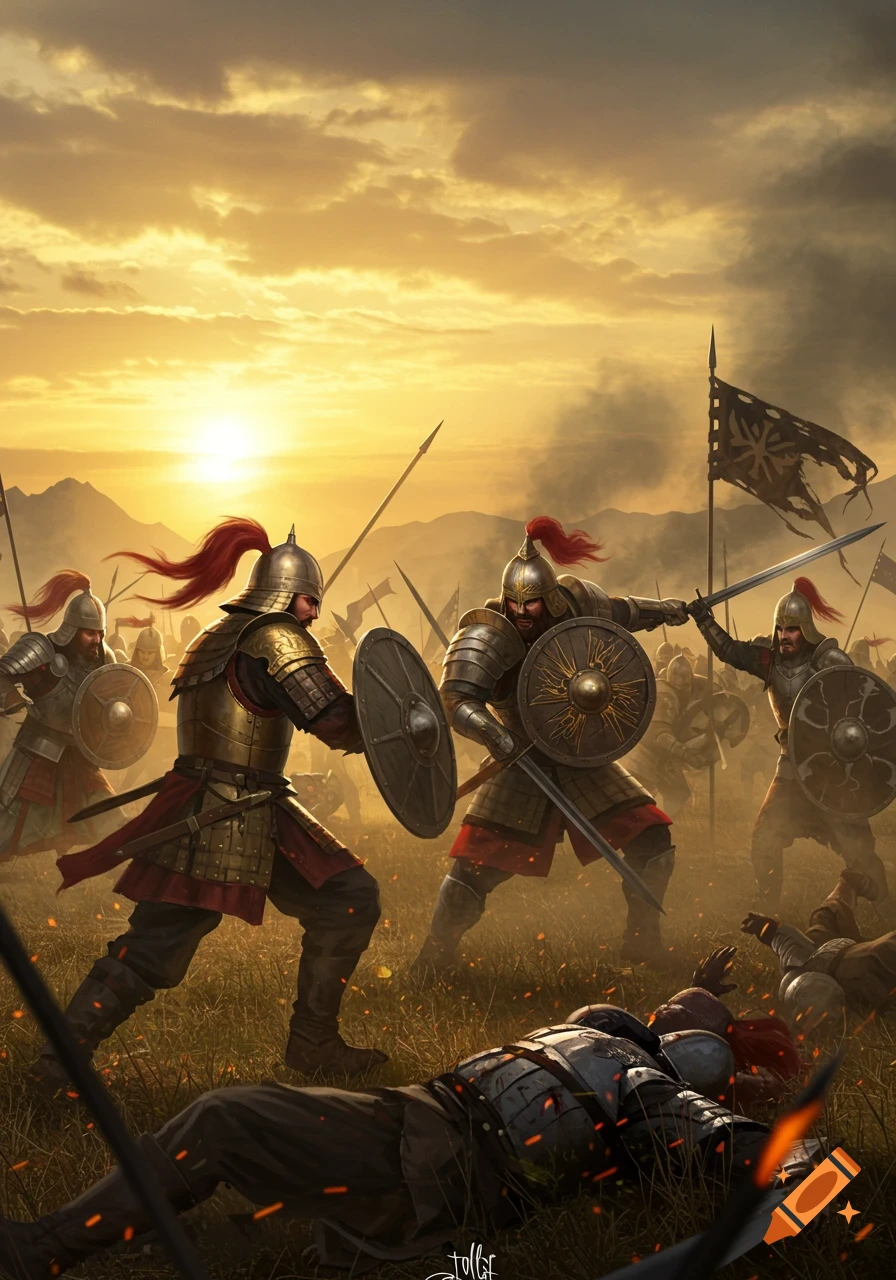 A dramatic fantasy painting of ancient warriors in a fierce battle at sunset.