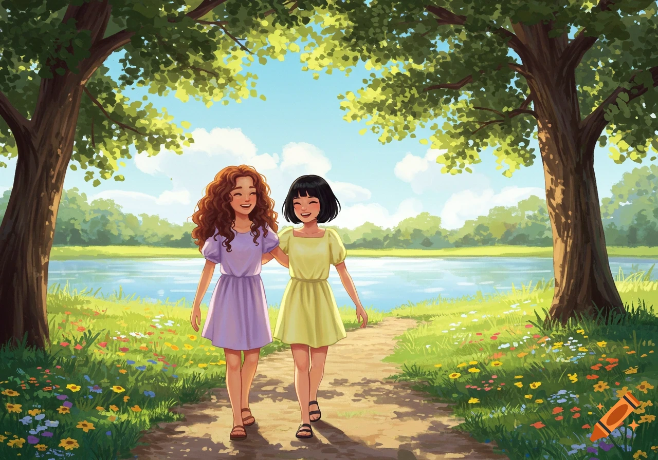 Illustrated scene of two happy friends walking arm-in-arm on a path through a vibrant park with trees, flowers, and a lake.