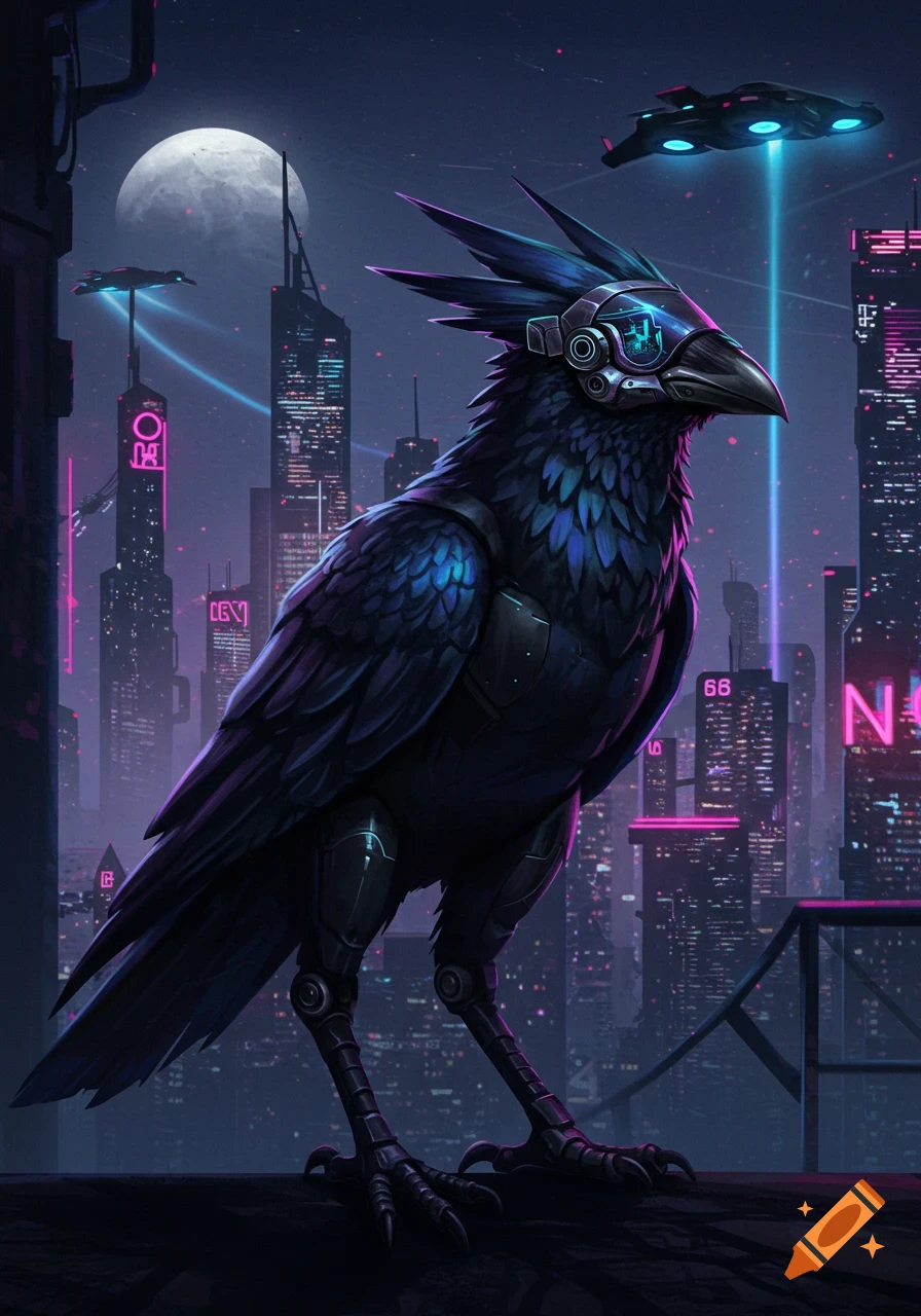 A majestic cybernetic crow stands on a rooftop overlooking a neon-lit cyberpunk city at night, under a large full moon.