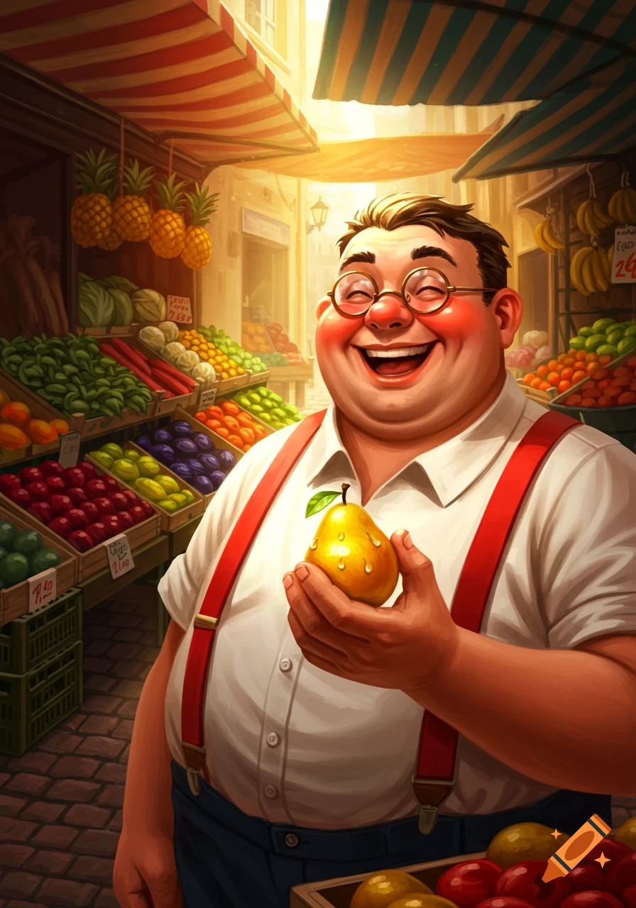 A happy, plump man with glasses and red suspenders holds a pear in a colorful, sunlit fruit and vegetable market.