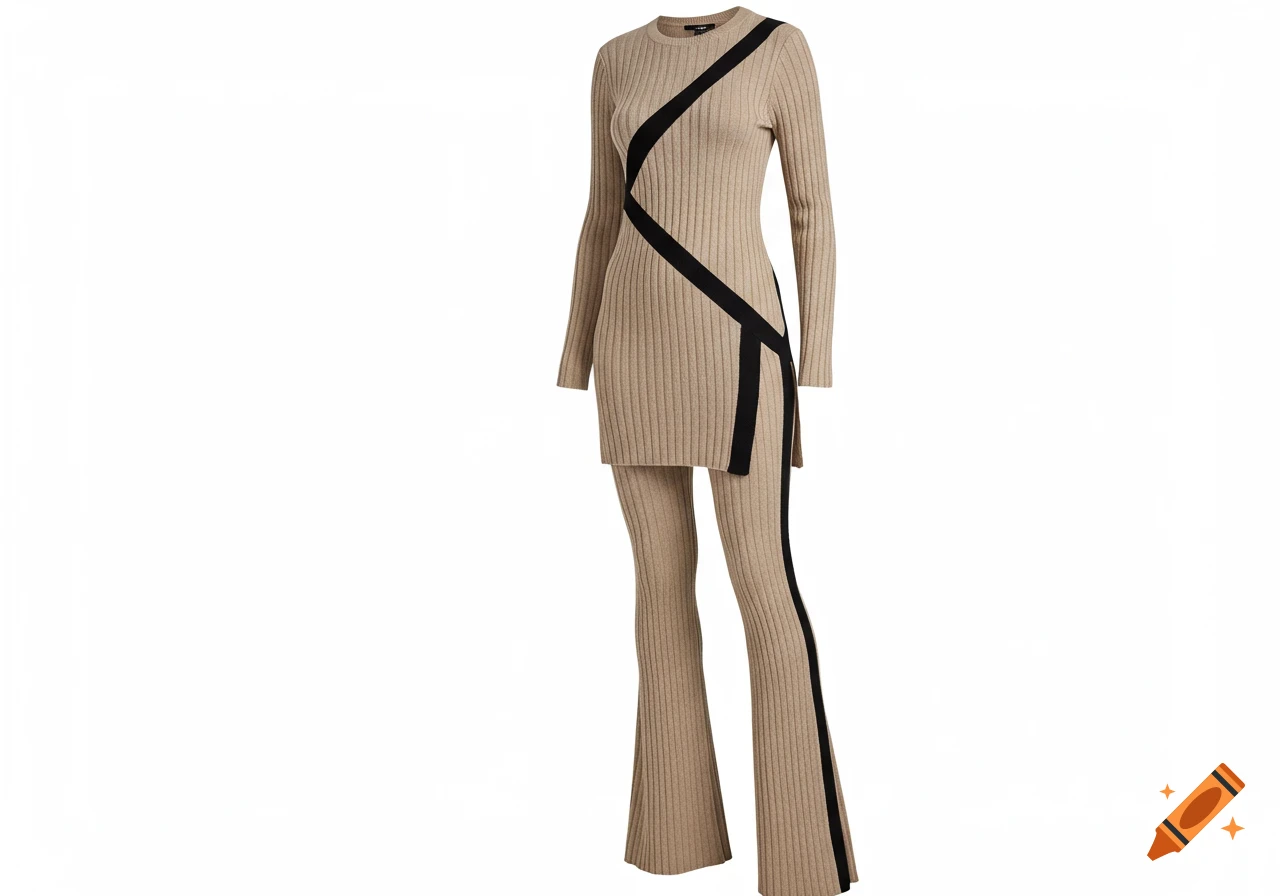 A beige ribbed knit two-piece outfit featuring a long-sleeve tunic and flared pants, with black diagonal and vertical stripes.