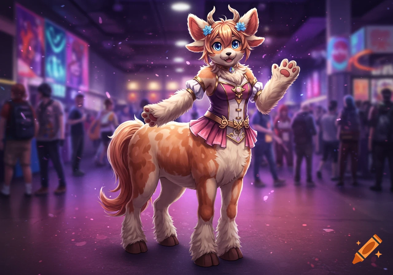 A cute, orange and white furry centaur character in anime style stands in a vibrant, neon-lit convention hall, raising a paw.