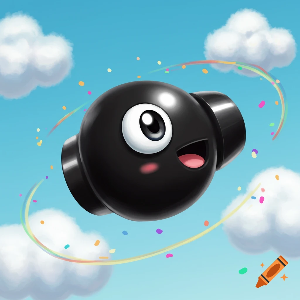 A cute, happy, cartoonish black Bullet Bill character floats in a blue sky with white clouds and colorful confetti.