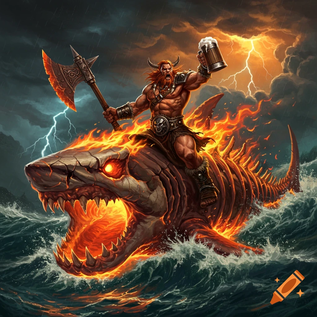 A muscular barbarian with an axe and beer mug rides a flaming skeletal shark through a stormy sea with lightning.