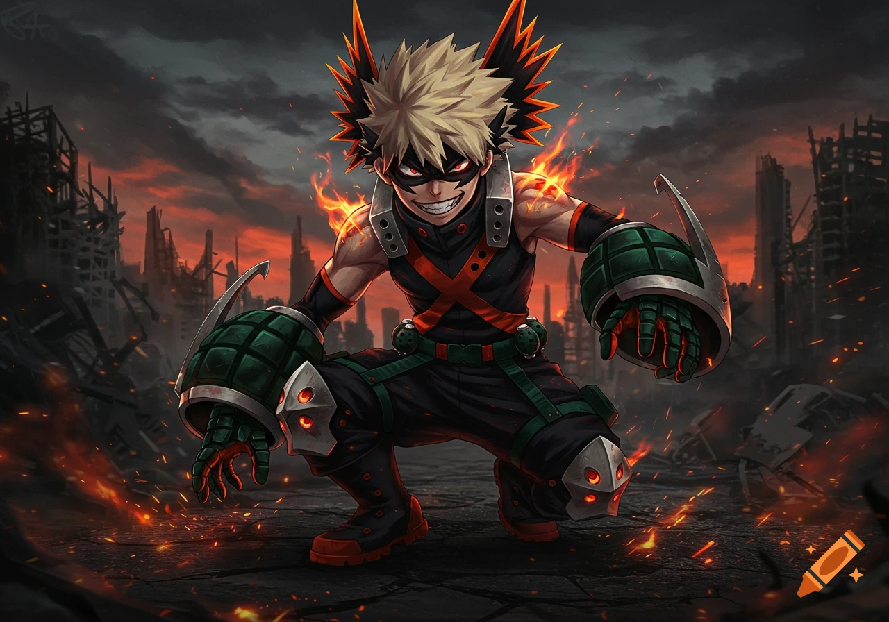 Anime character Bakugo in a battle crouch, surrounded by fire and explosions in a destroyed city landscape.