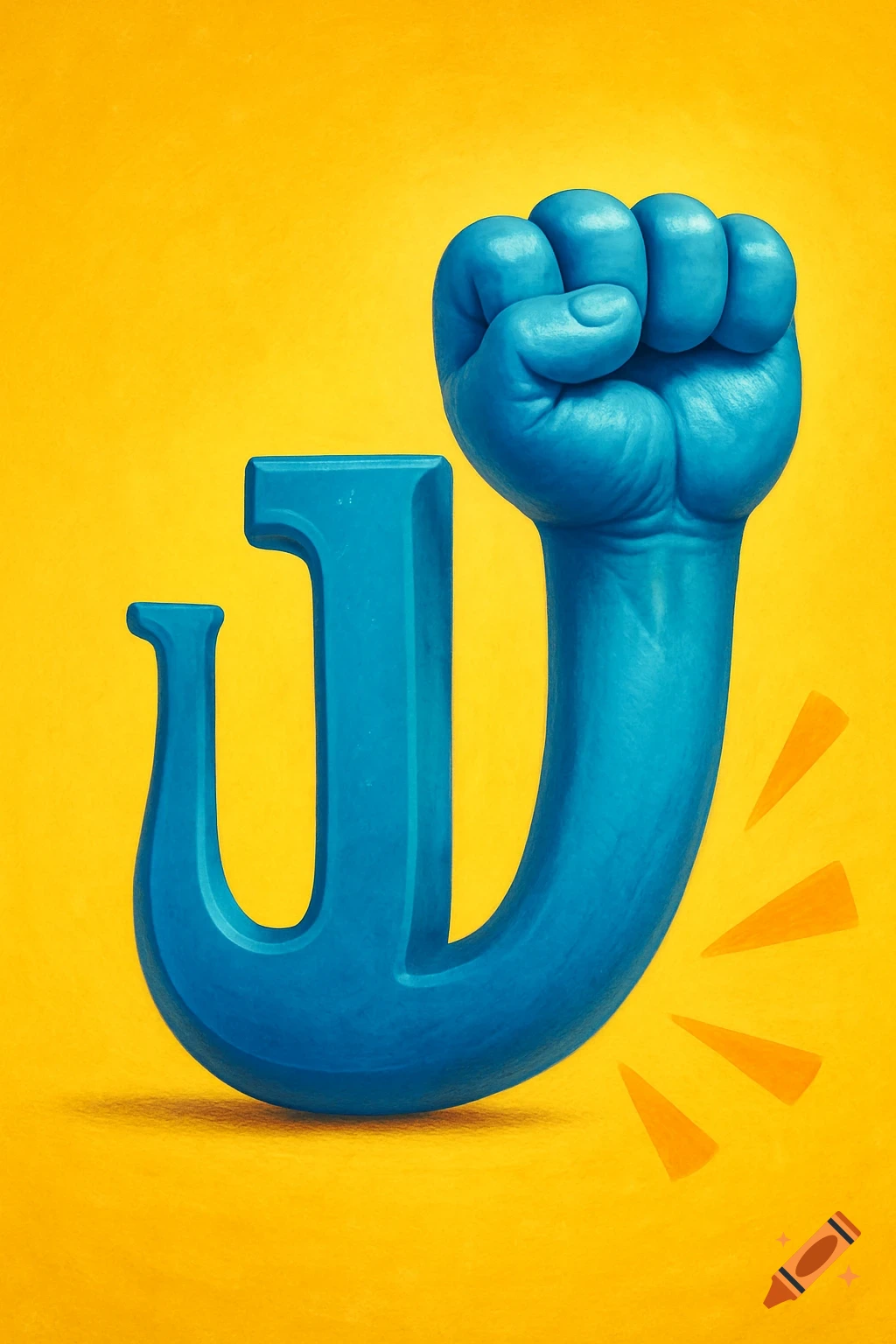 A blue letter J combined with a blue clenched fist, on a textured yellow background in a Pixar style.