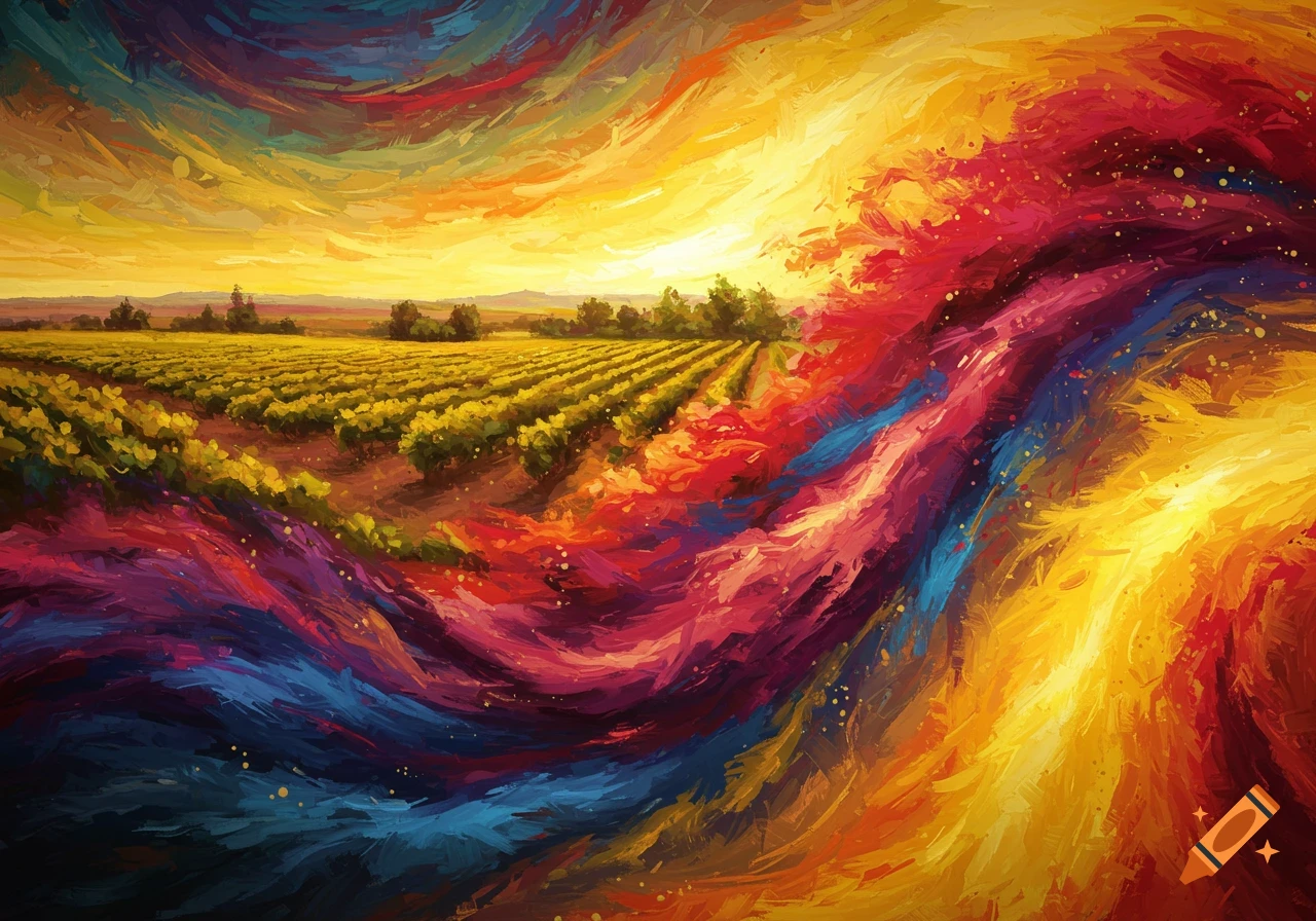 An impressionistic painting of a vineyard under a vibrant, swirling, abstract sky in shades of yellow, red, blue, and purple.