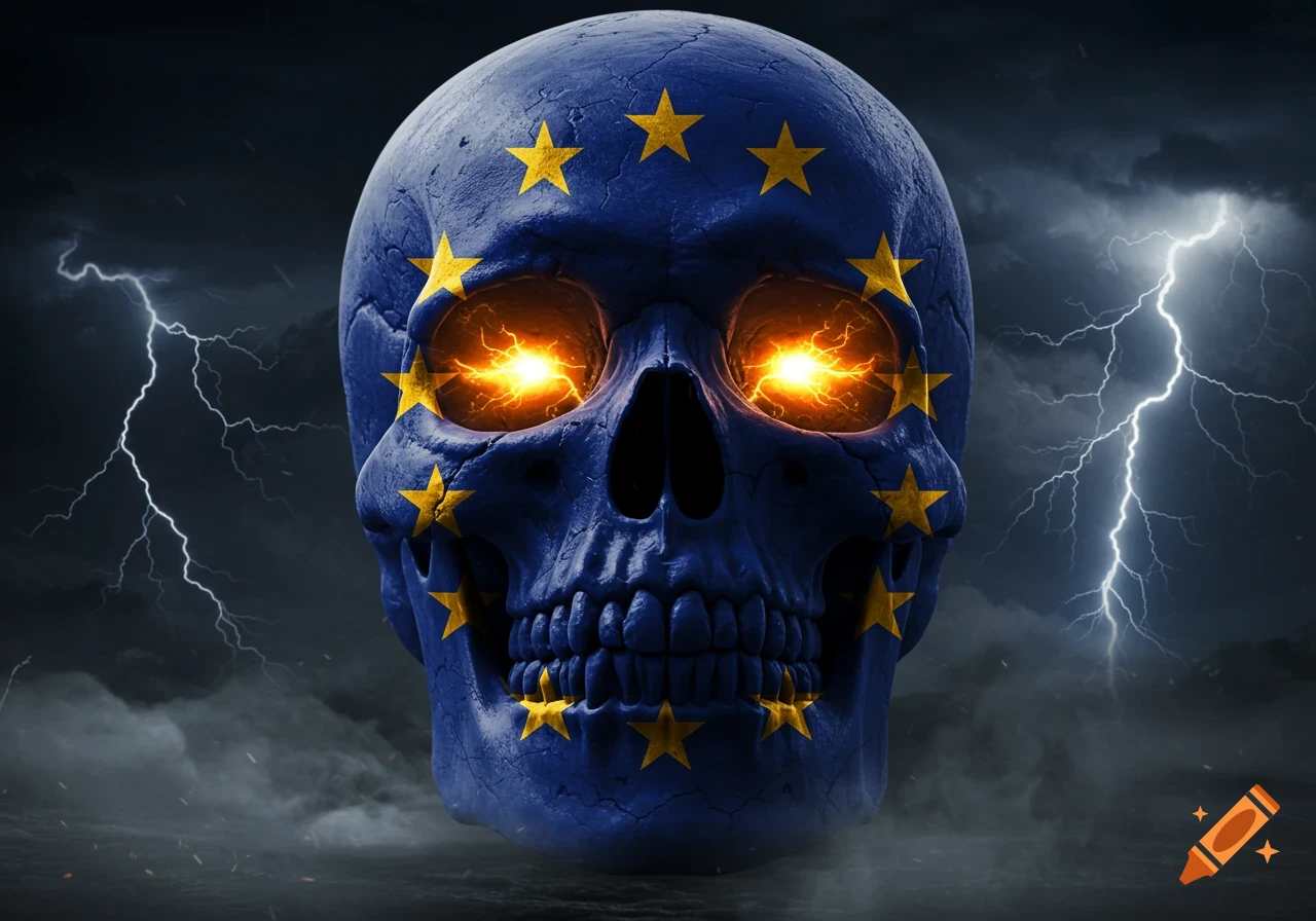 A skull painted with the European Union flag, featuring glowing orange eyes, set against a dark, stormy sky with lightning bolts.