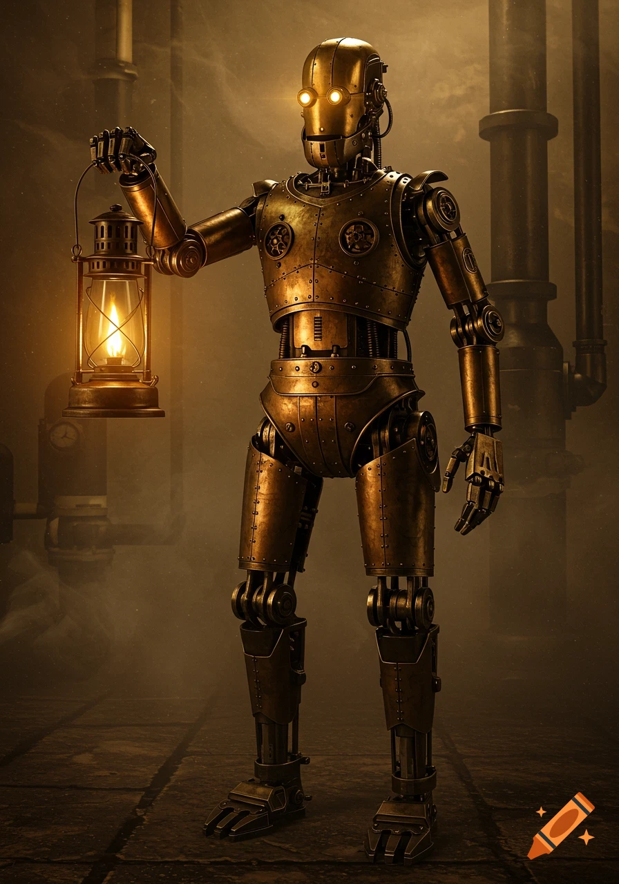 A photorealistic steampunk robot holding a lit lantern in a dark, industrial setting.
