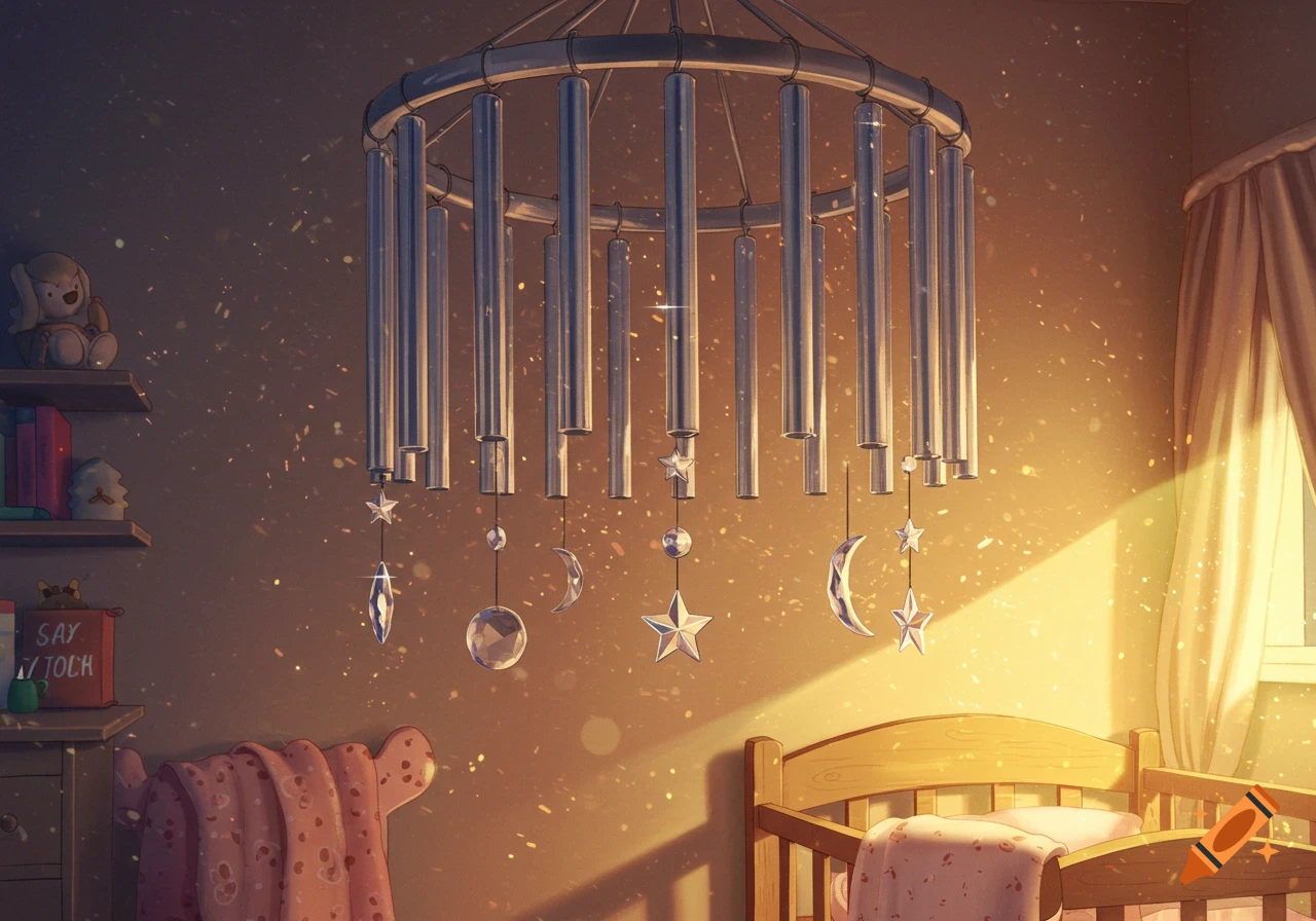 A beautifully lit nursery room with a large metallic mobile hanging above a wooden crib, illuminated by sunbeams.