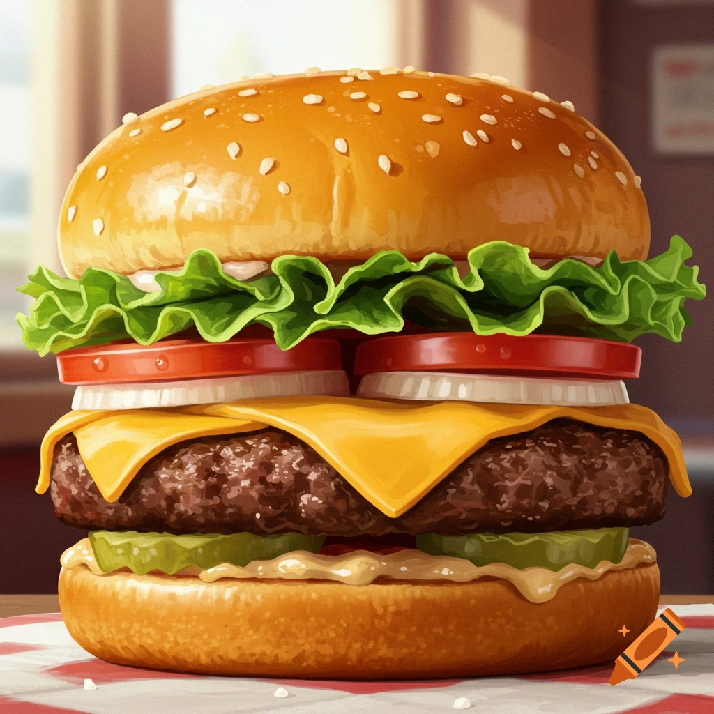 A vibrant, stylized cheeseburger with sesame bun, lettuce, tomato, onion, cheese, patty, pickles, and sauce.