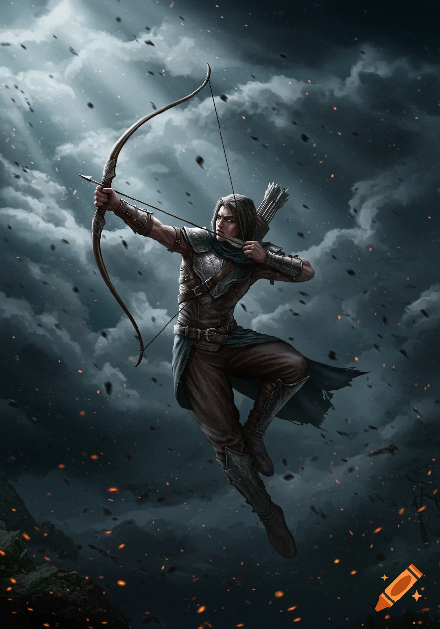 A male fantasy archer in dark armor, suspended in mid-air, draws his bow with an arrow, set against a stormy, dark sky with embers.