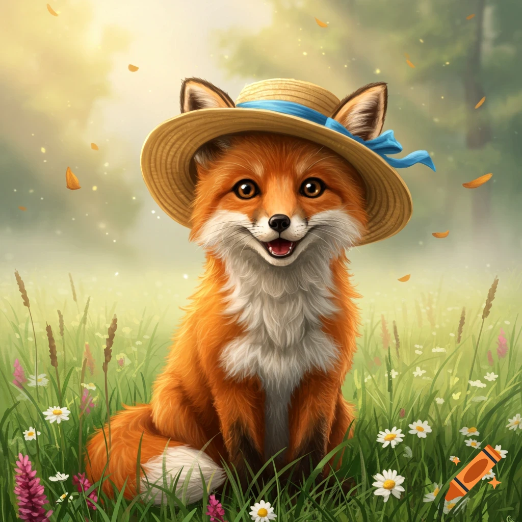 A cute cartoon fox wearing a straw hat with a blue ribbon, sitting in a sunny meadow with wildflowers.