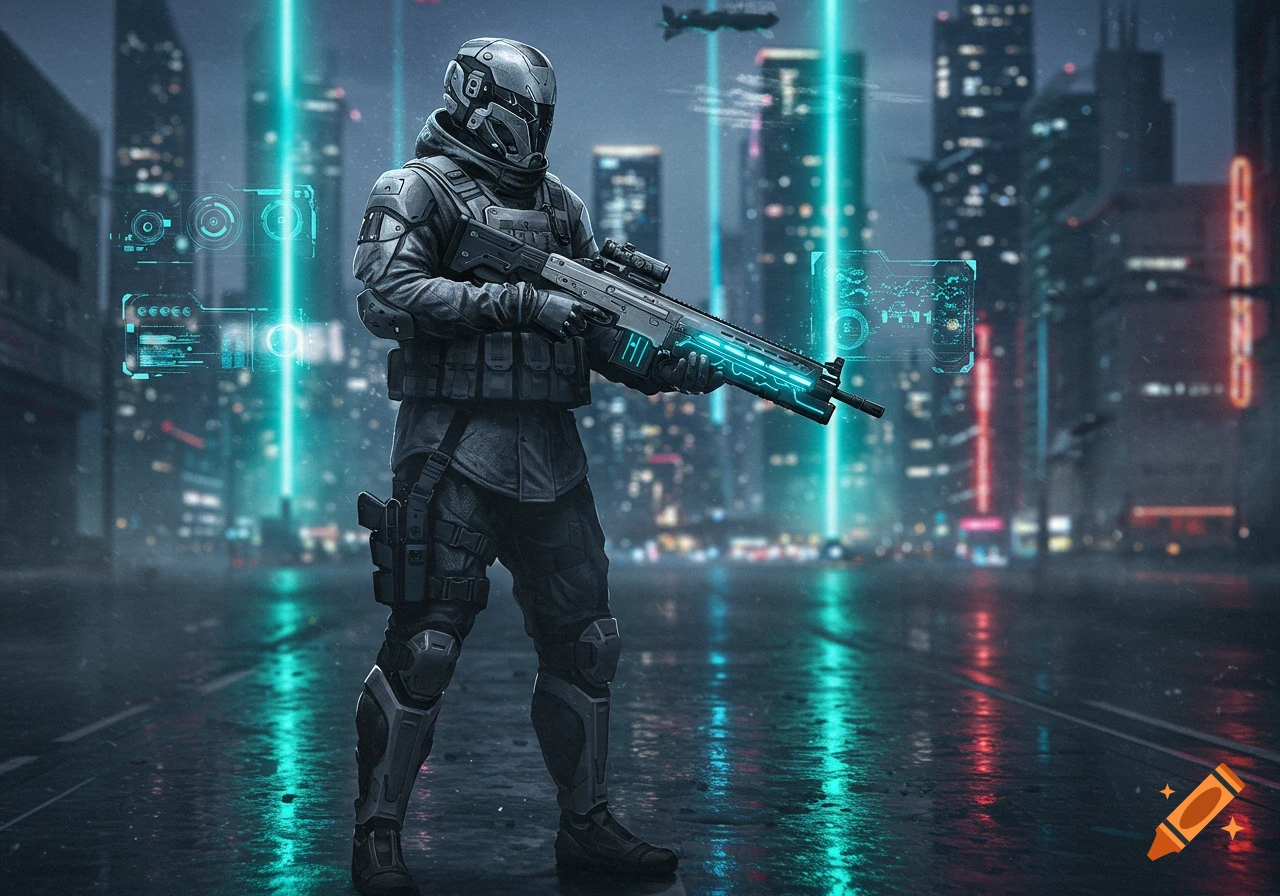 A futuristic soldier in grey tactical gear with a glowing rifle stands in a neon-lit cyberpunk city with holographic displays and reflections on wet ground.