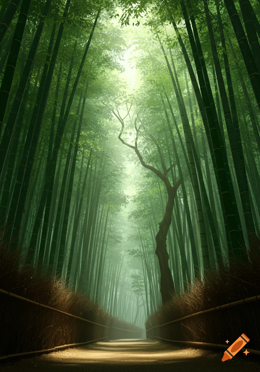 A luminous path winds through a tall, dense bamboo forest, bathed in filtered light from above in a painterly style.