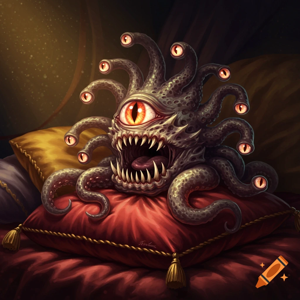 An illustrated D&D Beholder monster with a large eye and many tentacled eyestalks, sharp teeth, resting on a red satin pillow.