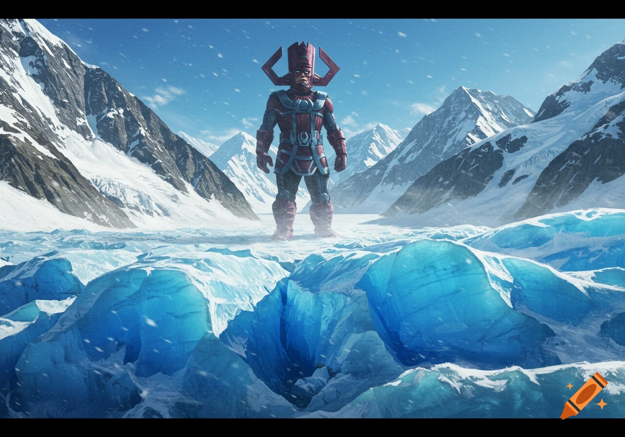 Photorealistic image of Galactus, a giant character in purple armor and a horned helmet, walking on a blue glacier amidst snowy mountains.