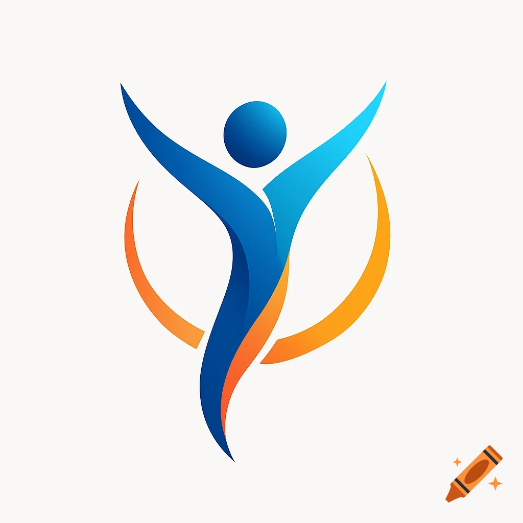 Abstract logo of a blue human figure with outstretched arms, flanked by orange arcs, on a white background.