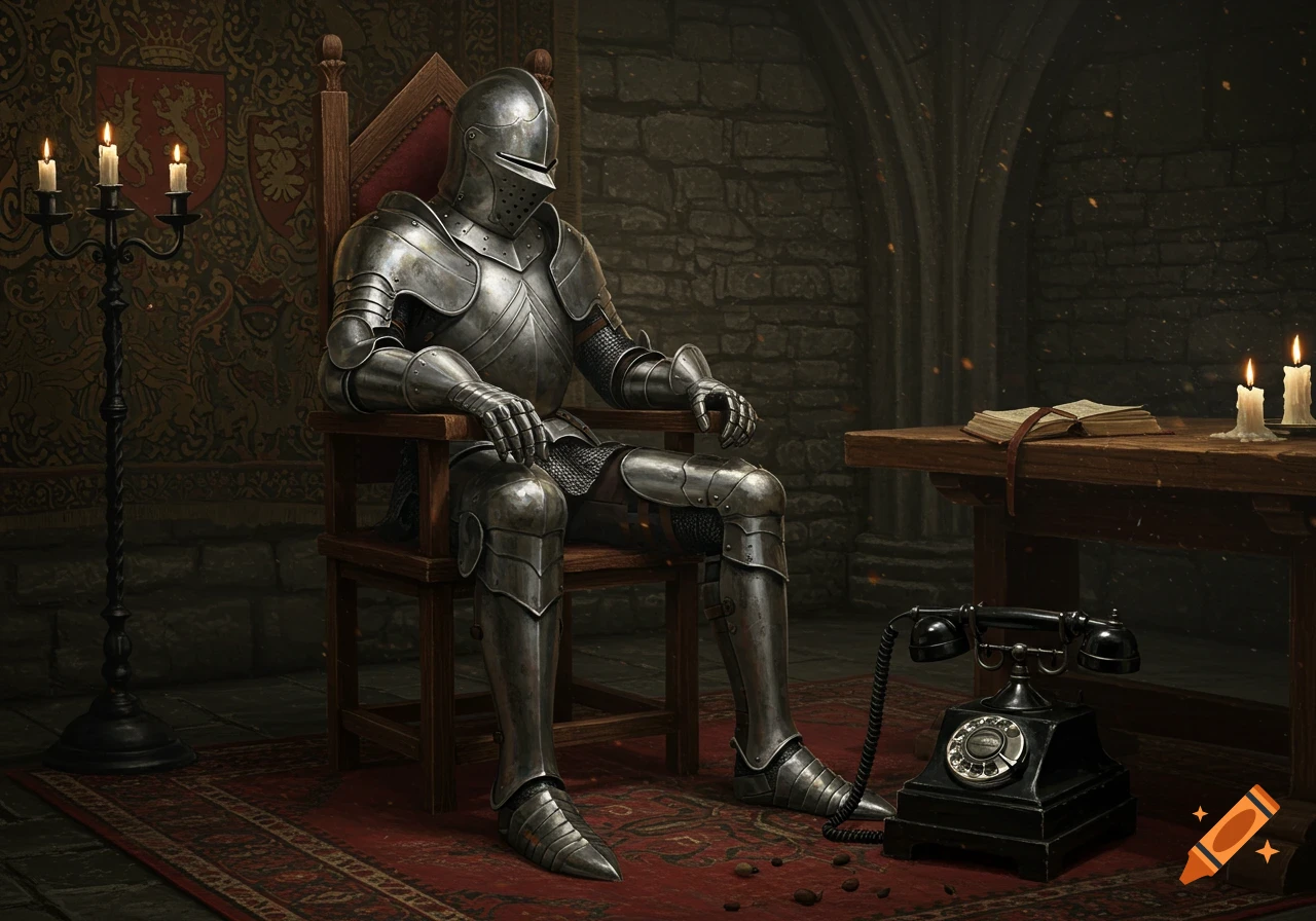 A knight in full armor sits in a medieval room beside an antique rotary telephone, awaiting a call.