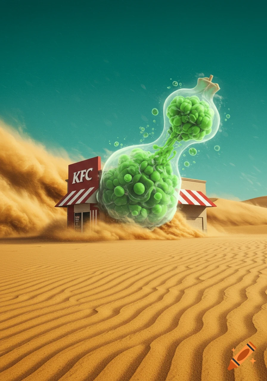 A surreal scene of a KFC restaurant engulfed by a sandstorm in a desert, with a large, glowing green, bulbous 'fart bomb' floating above it, emitting green bubbles.
