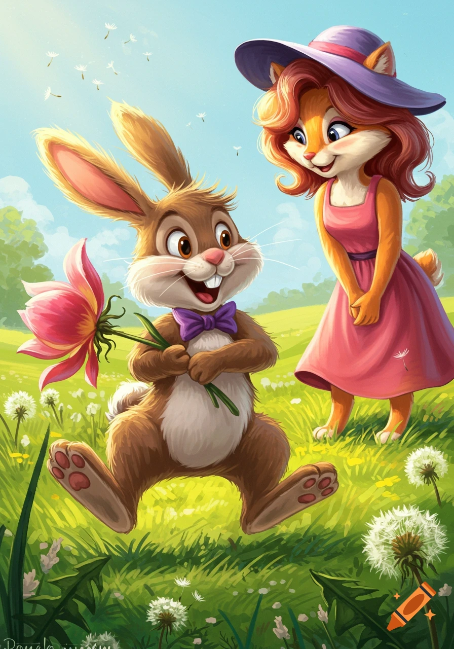 Cartoon rabbit holding a pink flower, tripping in a field with a smiling fox-like character watching.