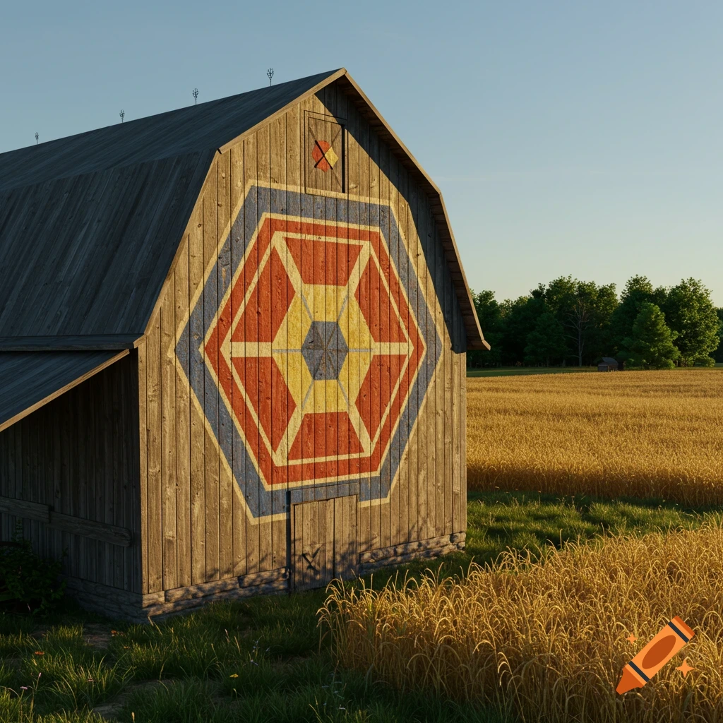 A rustic wooden barn with a large red, yellow, and blue geometric hex symbol painted on its side, stands next to a golden wheat field under a clear blue sky.