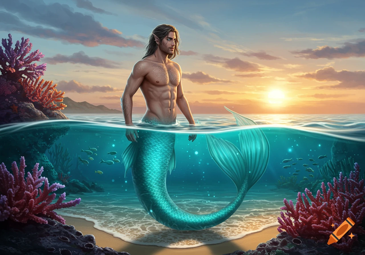 A muscular merman with long hair and pointed ears stands in clear ocean water at sunset, with coral and fish visible underwater.