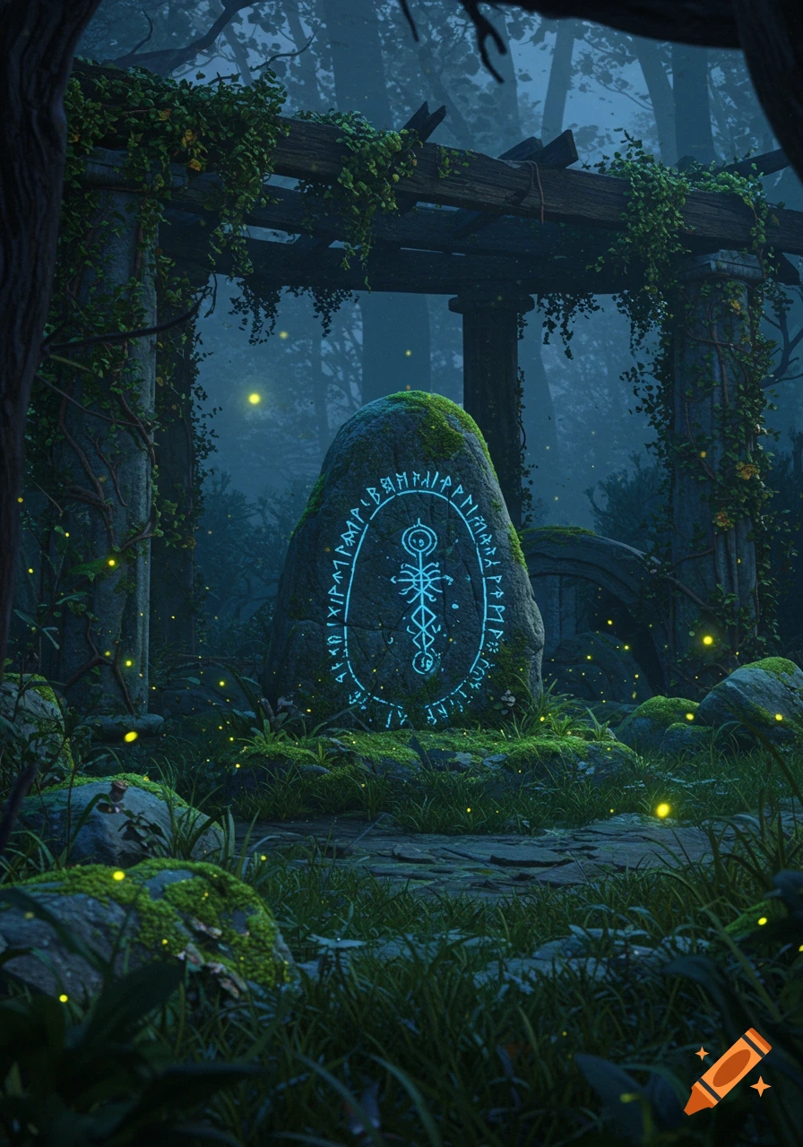 A glowing runestone stands in a mossy, misty ancient forest ruin with fireflies, fantasy style.