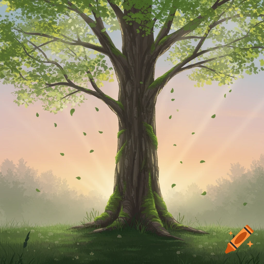 An illustrative painting of a large tree with a thick, moss-covered trunk and green leaves, standing in a grassy field during sunset with light rays.