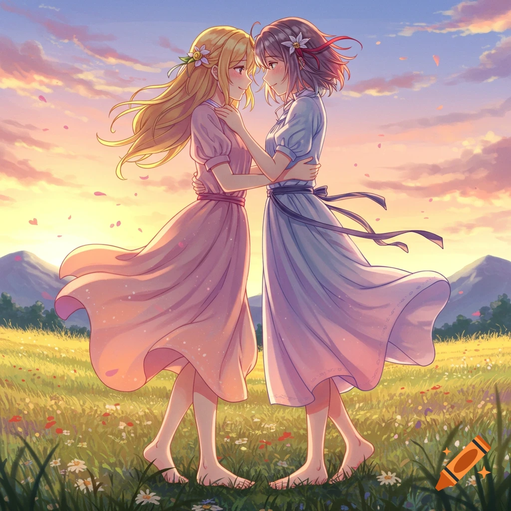 Anime illustration of two barefoot women hugging in a flowery field at sunset.