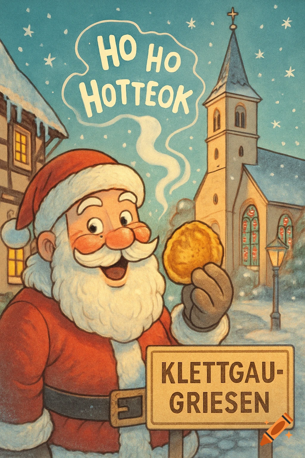 A cartoon Santa Claus holds a hotteok in a snowy village, with a speech bubble 'Ho Ho Hotteok' and a sign for Klettgau-Griesen. A church stands in the background.