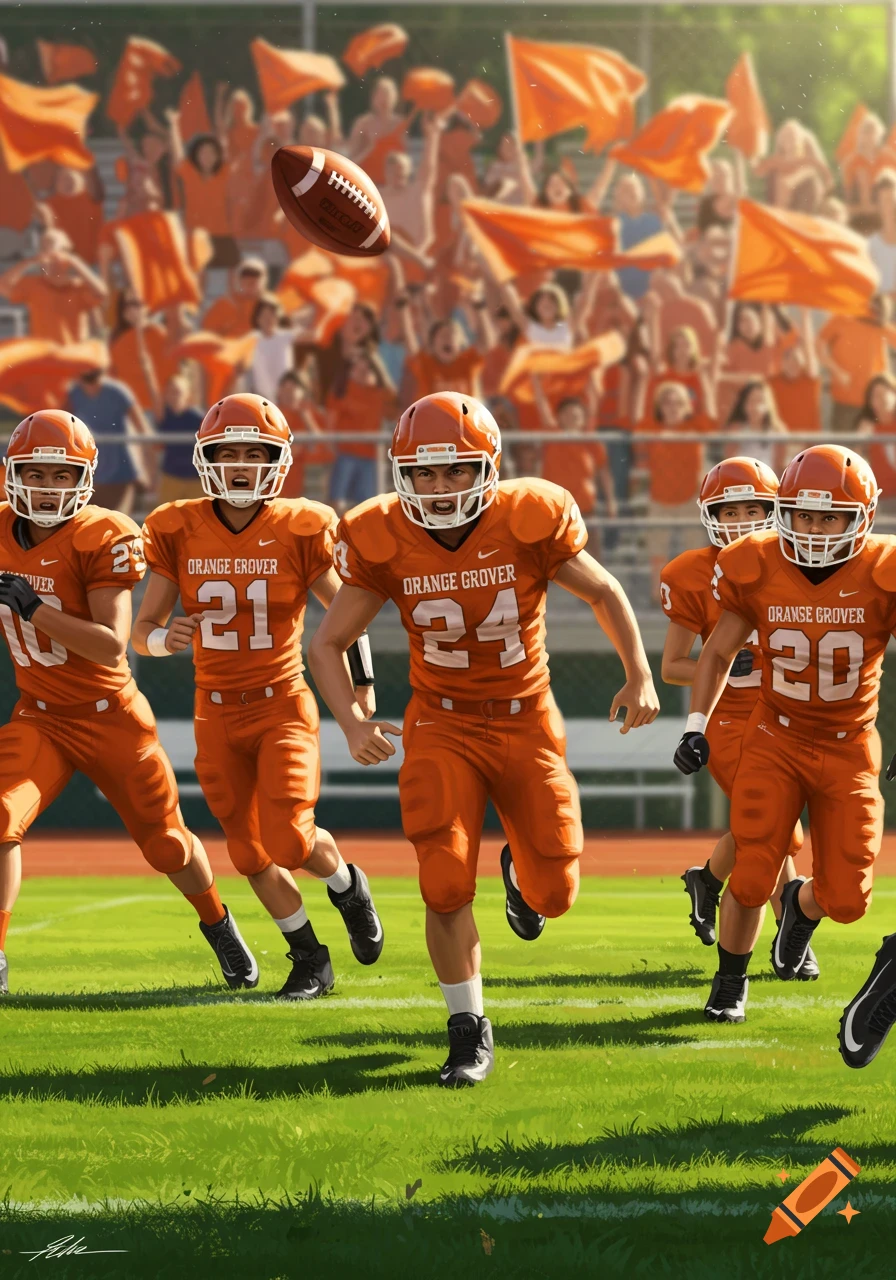 Football players in orange jerseys run on a green field as a football flies through the air, with a crowd of cheering fans in the background.