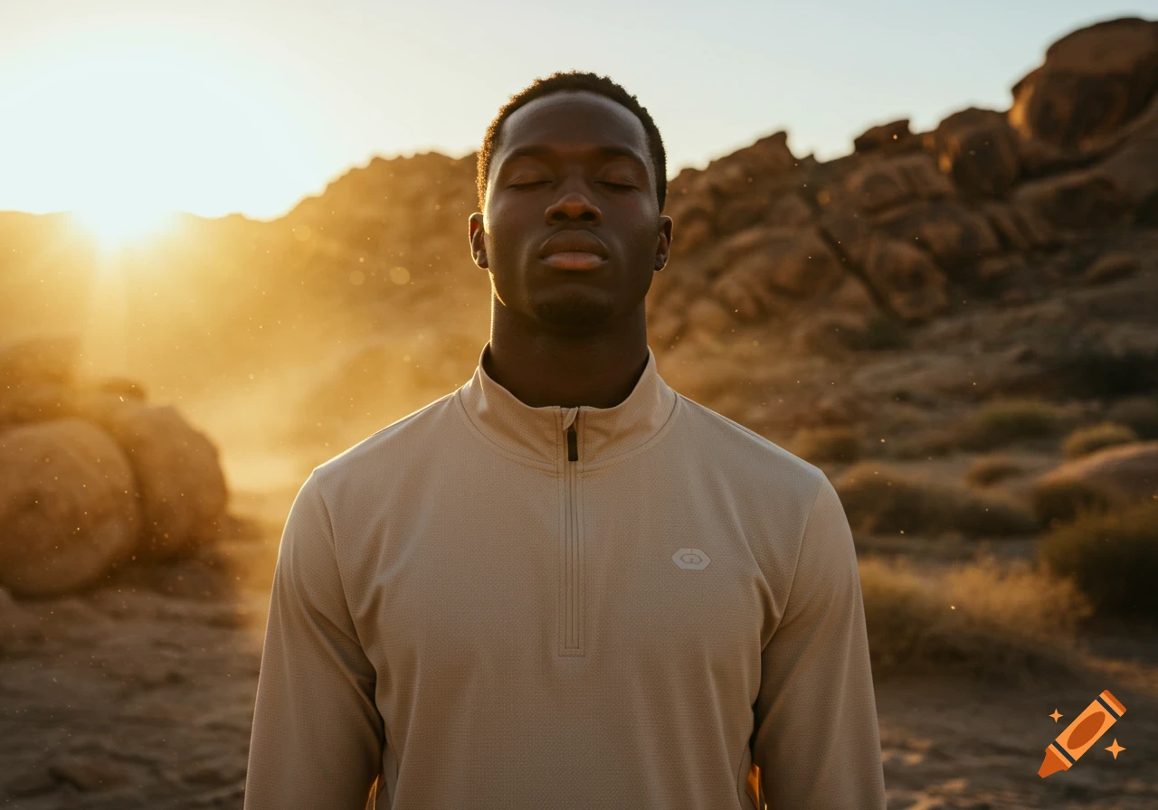 A Black male athlete stands with eyes closed in a desert at sunset, wearing a beige technical sports pullover, exuding calm.