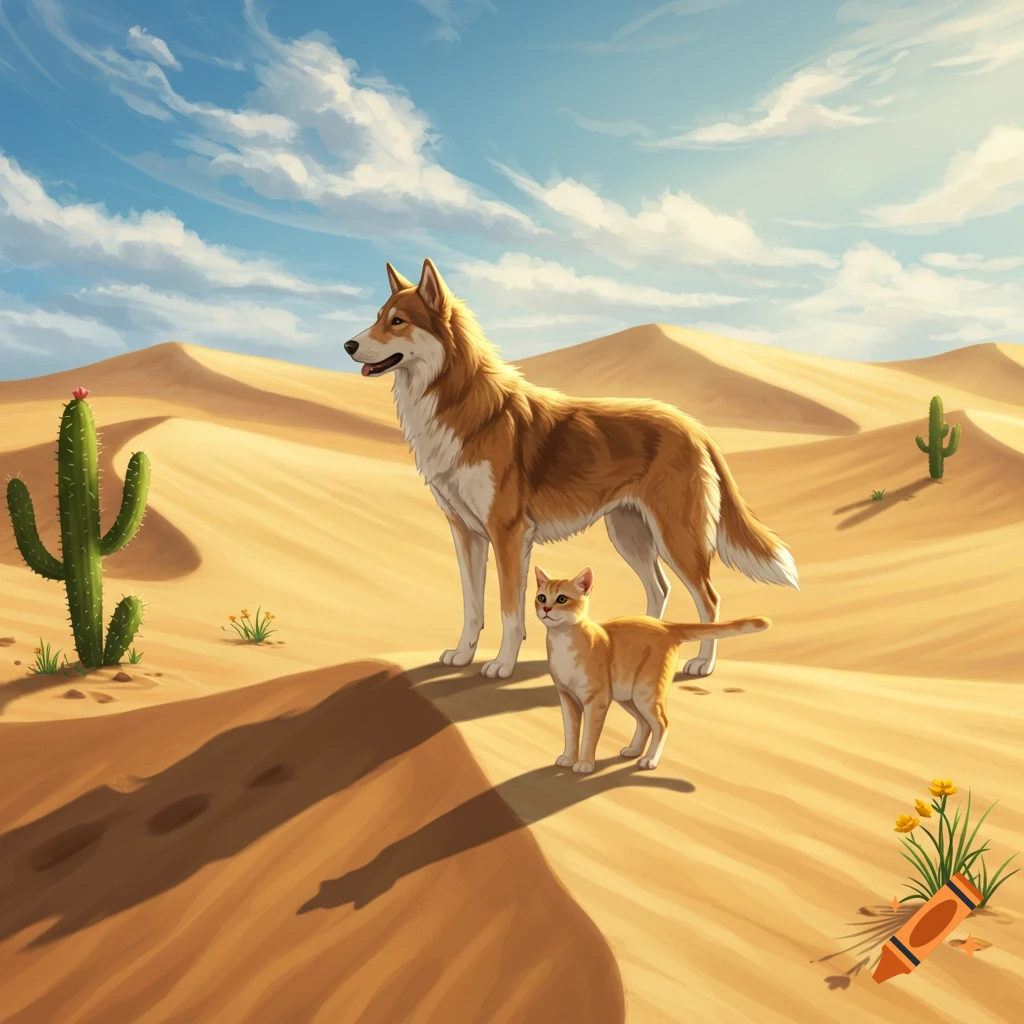 A fluffy brown and white dog stands next to an orange cat in a sunny desert with sand dunes and cacti.