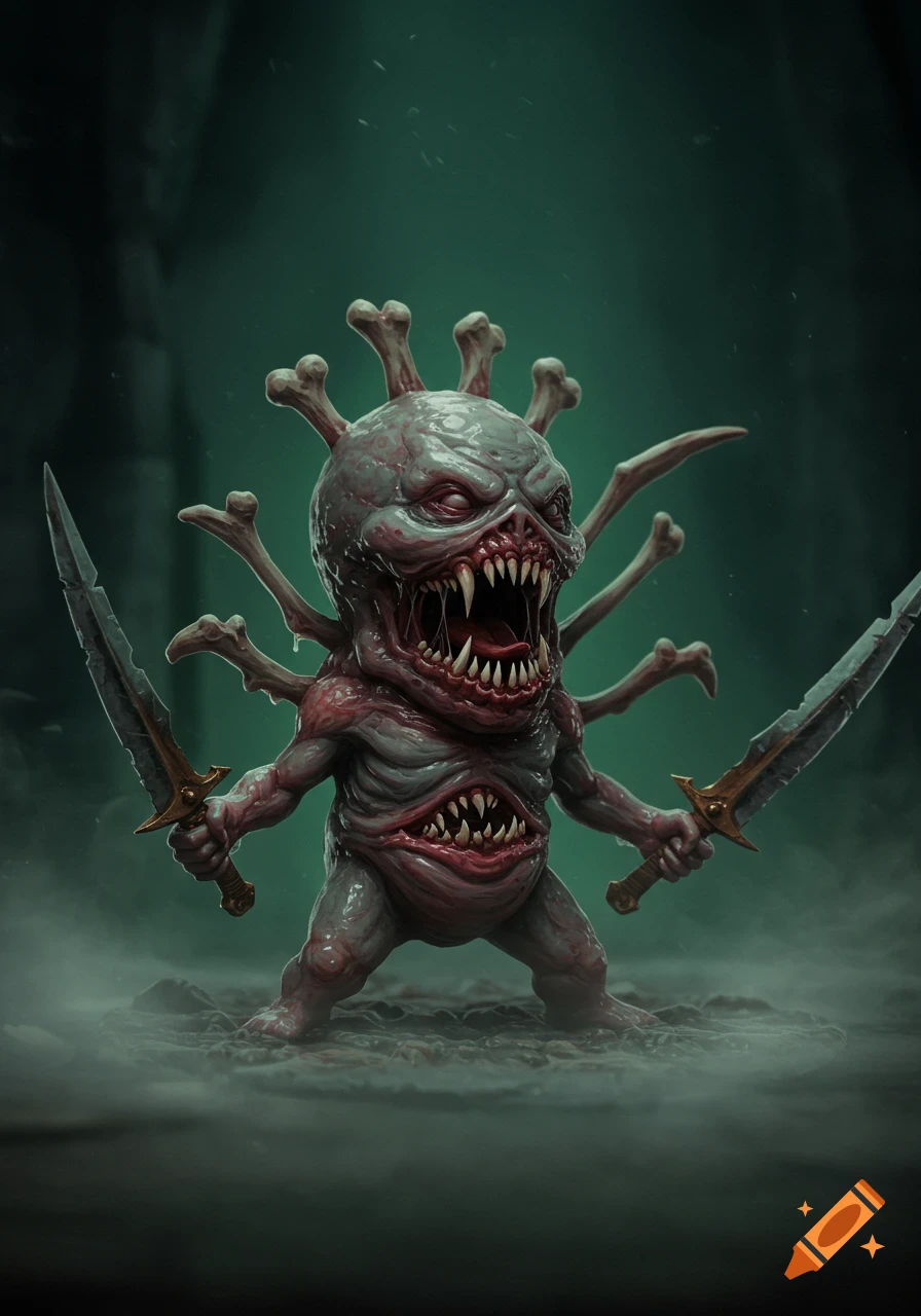 A grotesque, fleshy monster with sharp fangs, bone blades, and multiple mouths, holding two swords in a misty, dark setting.