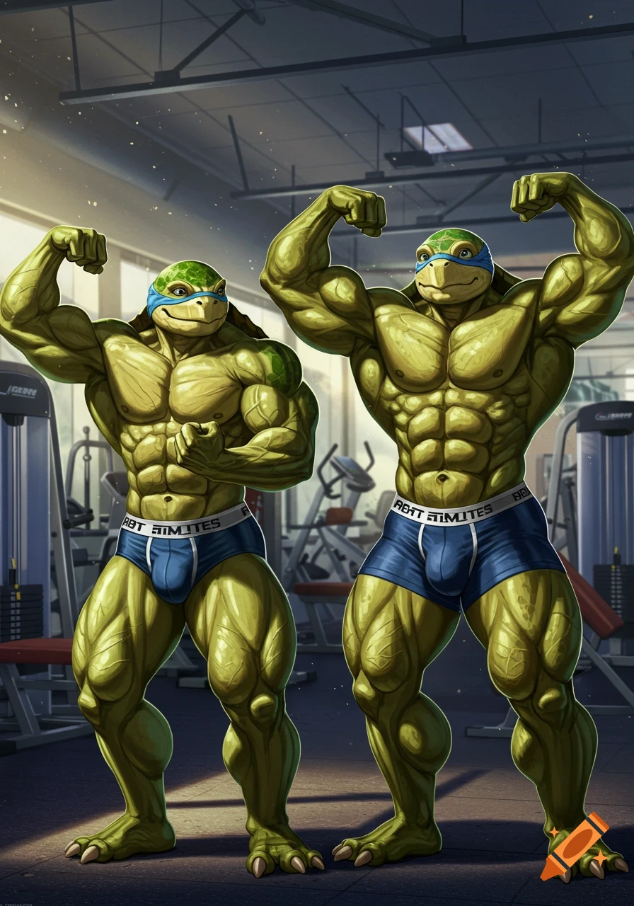 Two muscular anthropomorphic turtles in blue underwear flexing at a gym.