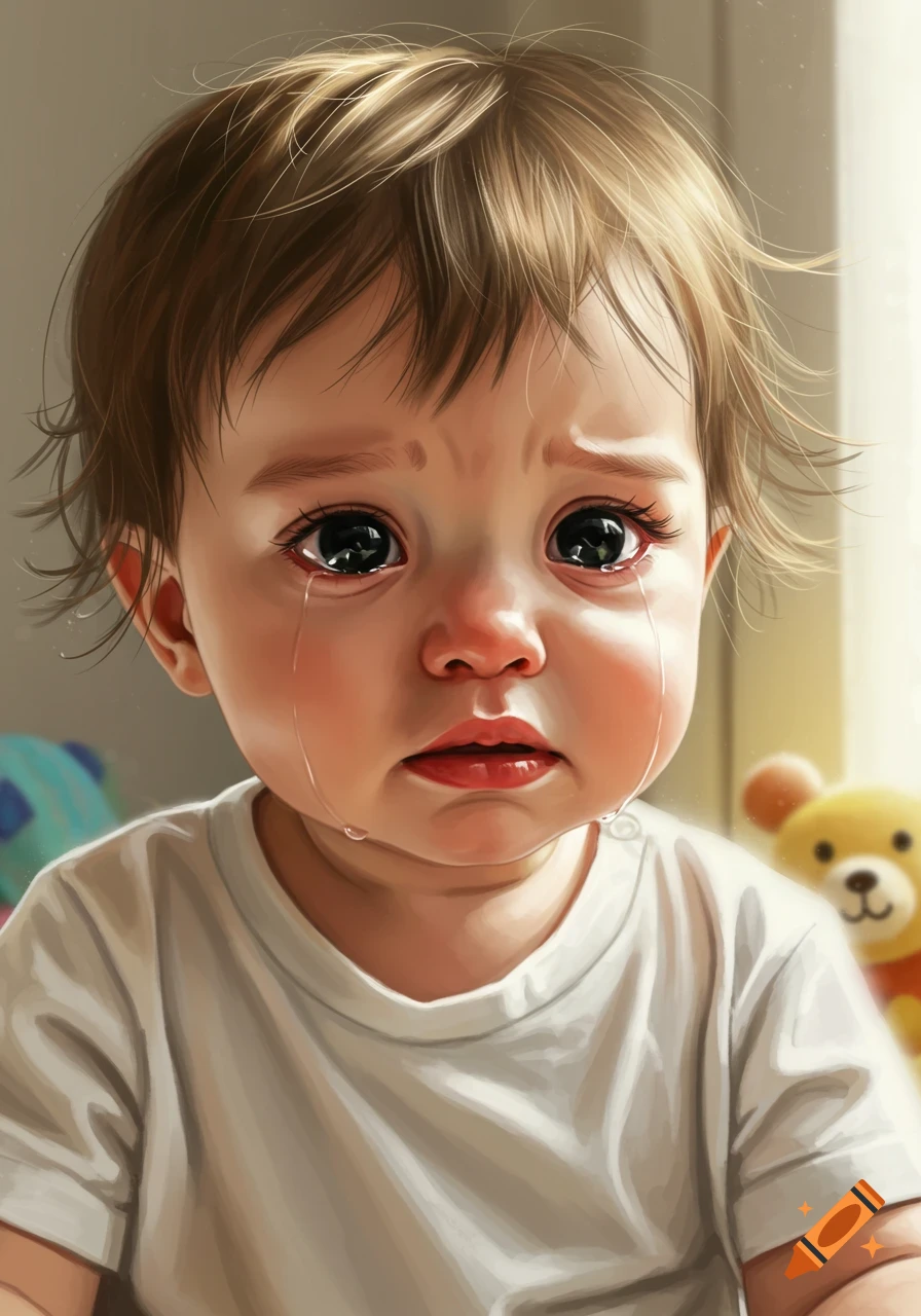 A photorealistic portrait of a sad baby with big dark eyes and tears streaming down its cheeks, wearing a white t-shirt, with blurry toys in the background.