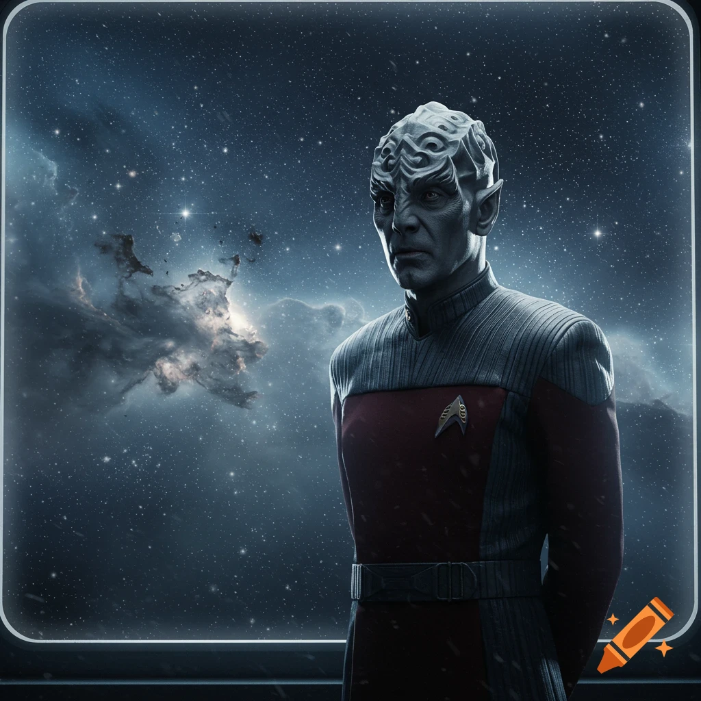 Photorealistic portrait of Gul Dukat, an alien in uniform, looking out a window at a starry space with a nebula.