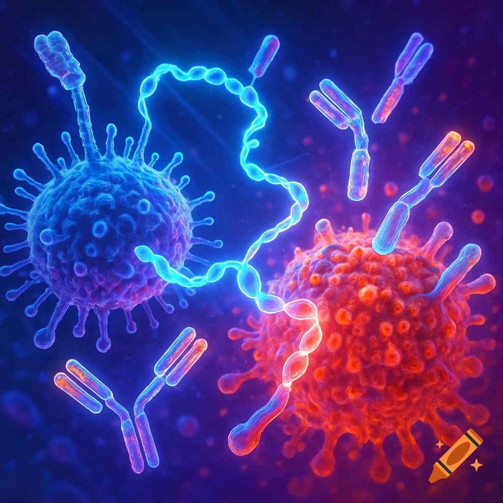 A microscopic illustration of blue and red virus-like cells with glowing blue antibodies and a DNA strand, against a dark blue background.