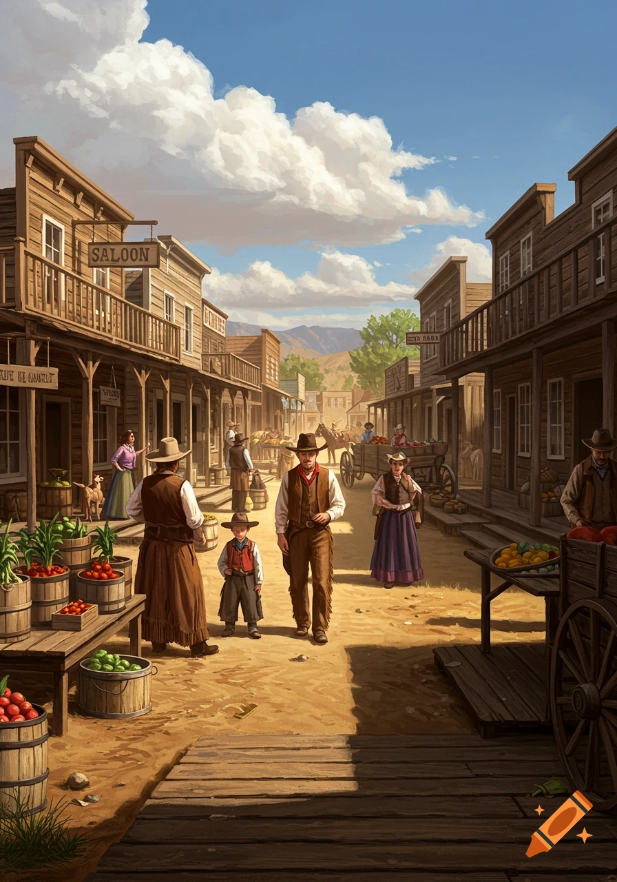 A detailed illustration of a bustling Wild West town market scene with people, market stalls, and wooden buildings under a blue sky.