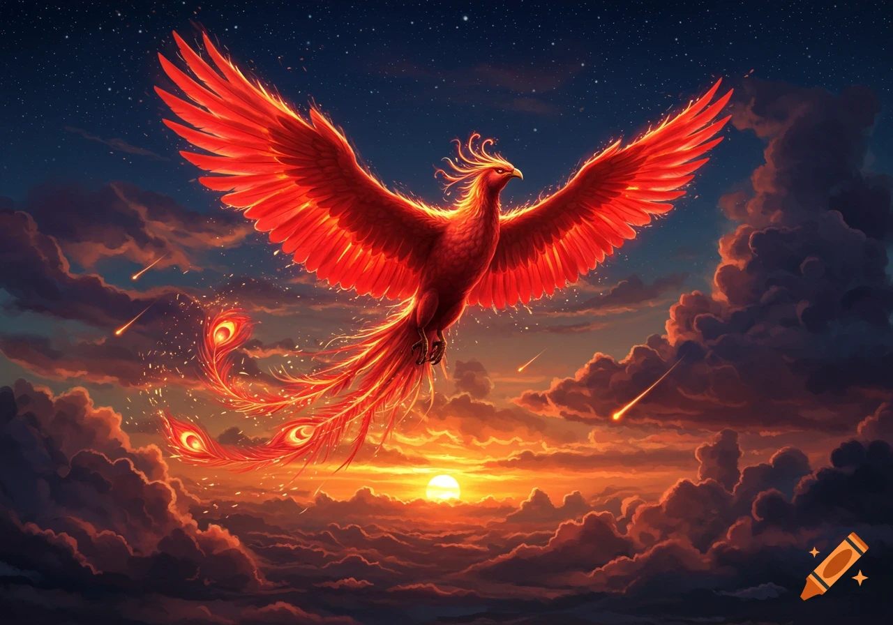 A vibrant red phoenix with large wings flies across a dramatic sunset sky filled with fiery clouds and distant shooting stars.