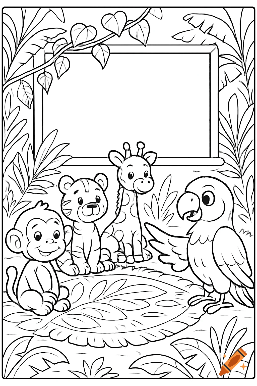 Black and white coloring page featuring a cartoon monkey, tiger, giraffe, and parrot in a jungle classroom with a blank chalkboard.