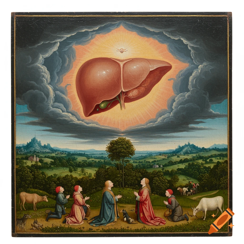 An Early Netherlandish altarpiece panel showing a large, glowing human liver in a stormy sky above kneeling figures in a lush landscape.