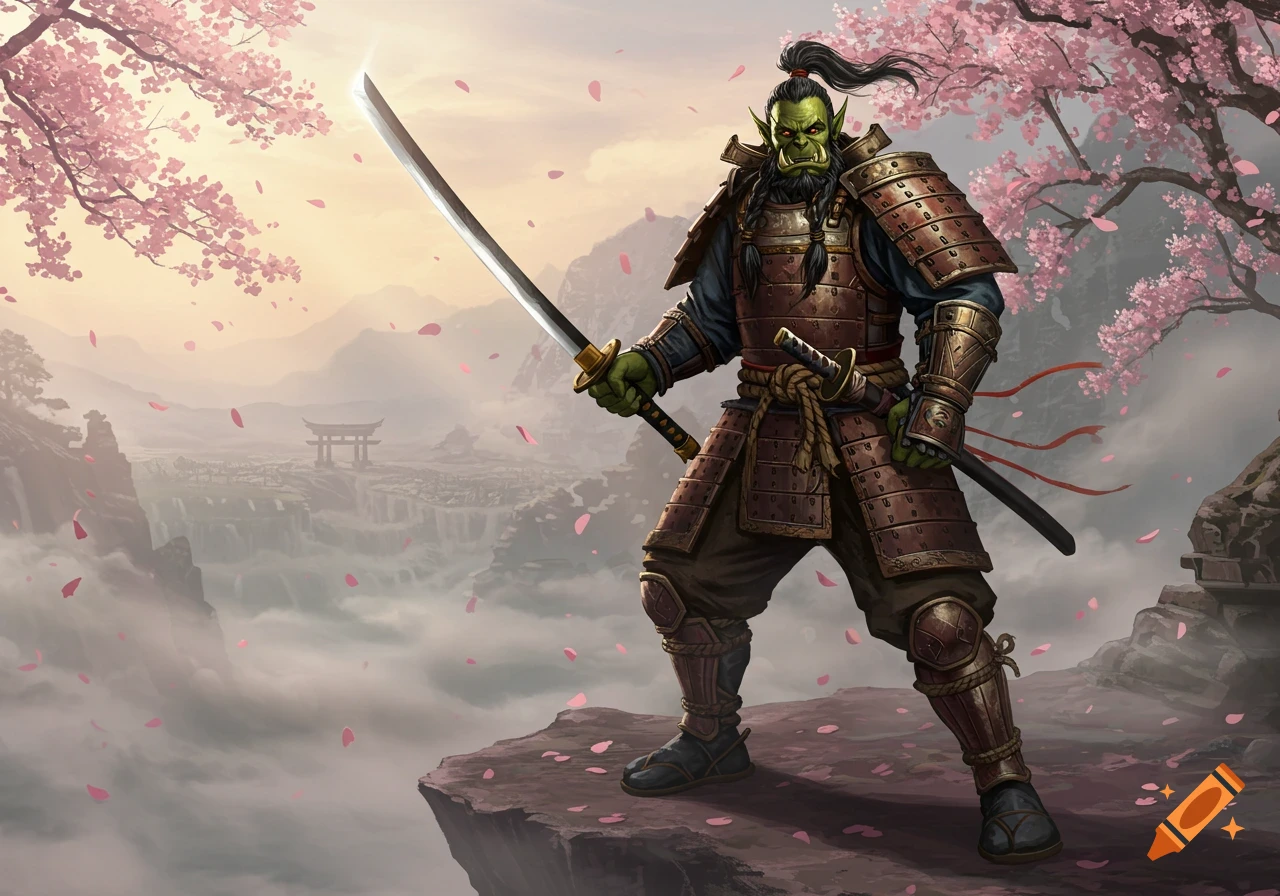 A green-skinned orc samurai with a katana stands on a cliff overlooking a misty, cherry blossom-filled valley with a torii gate.