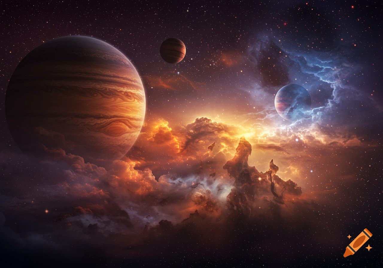 A large, striped gas giant planet with two smaller planets and glowing orange and blue nebulae in a star-filled dark sky.