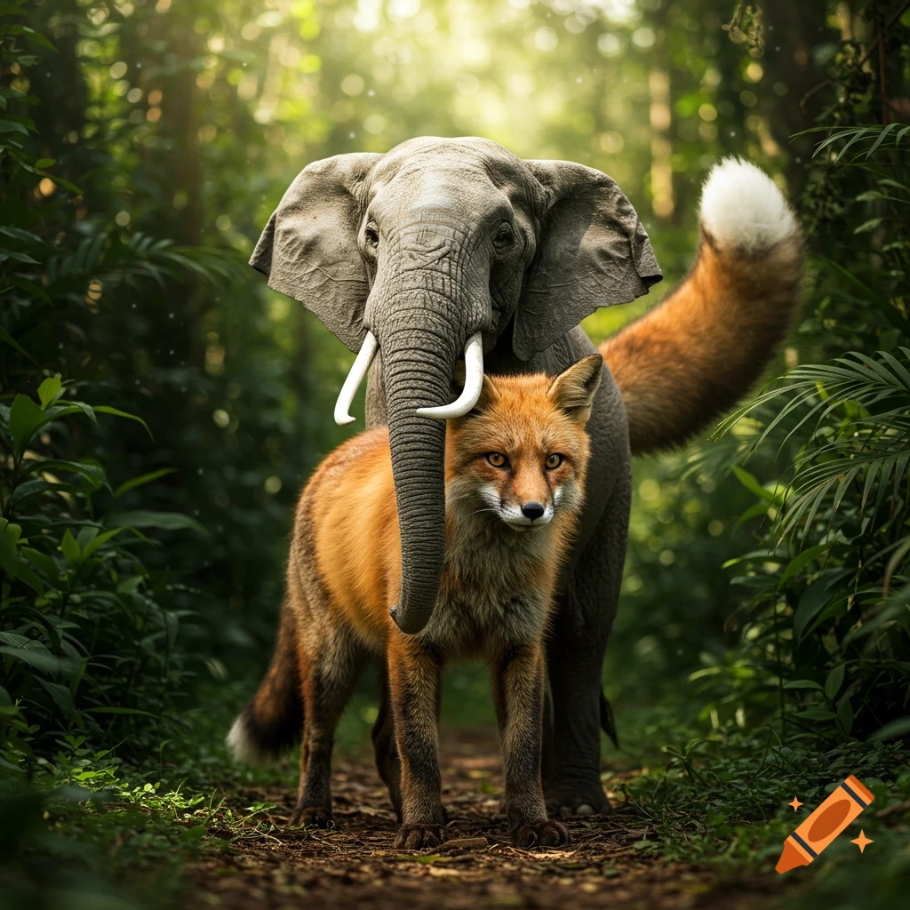 Photorealistic image of a fox standing in front of an elephant in a lush, sunlit jungle.