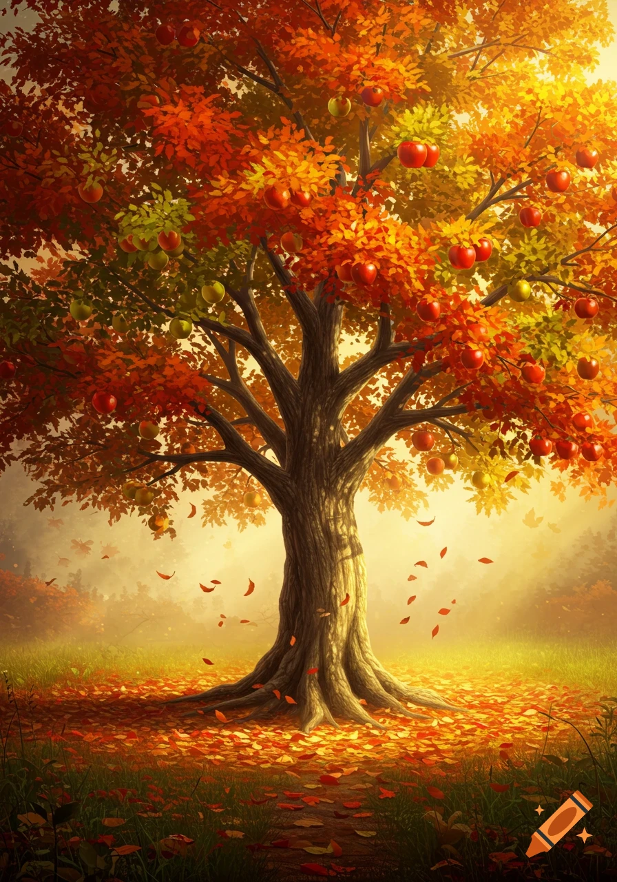 A vibrant autumn apple tree with red and green apples, surrounded by falling orange, yellow, and red leaves on the ground.